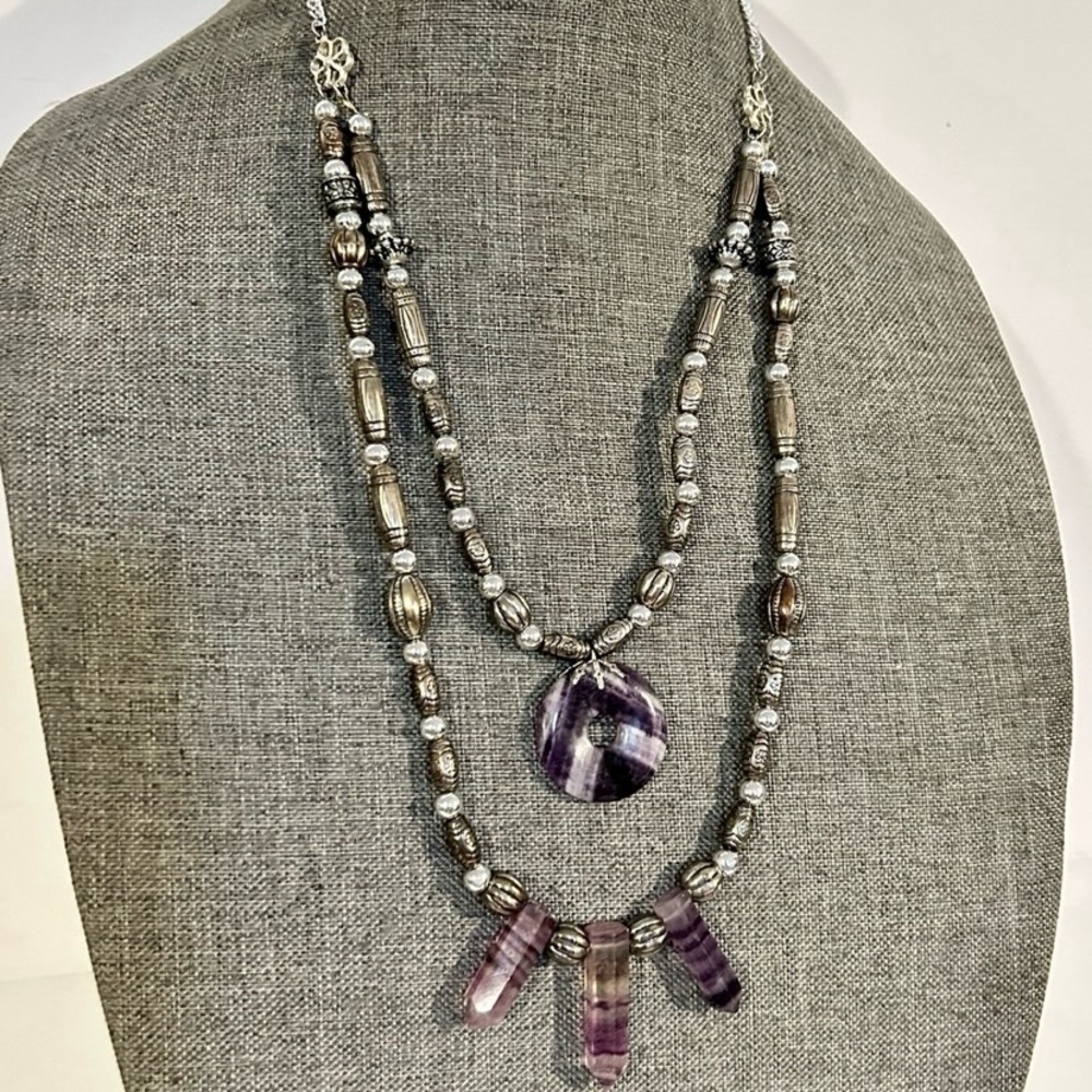Vintage Amethyst Beaded pendant Necklace with metallic beads & barrel clasp 20”